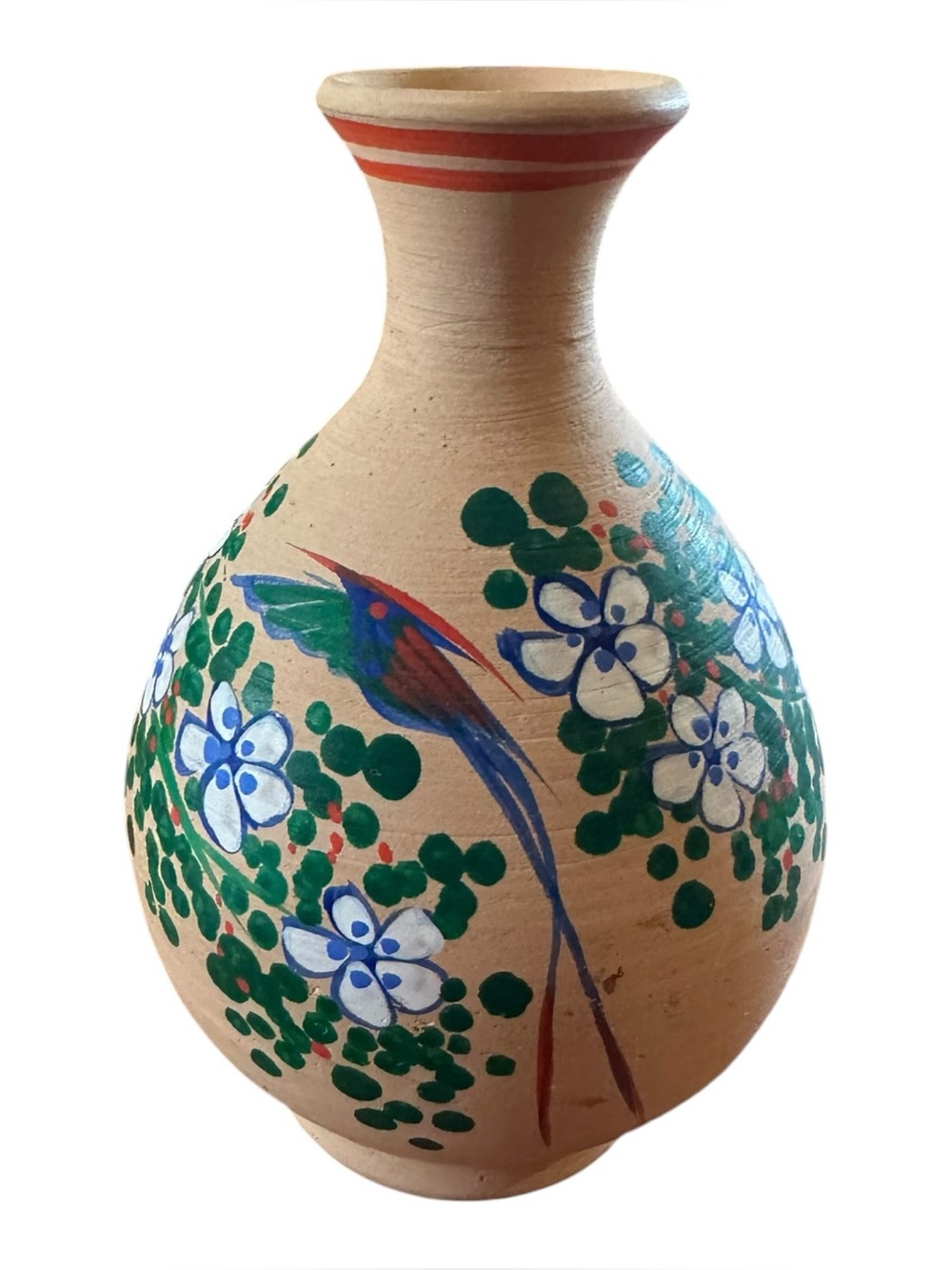Vintage Jamaica W.I. Hand Painted Pottery Vase Hummingbird Floral 5.5”